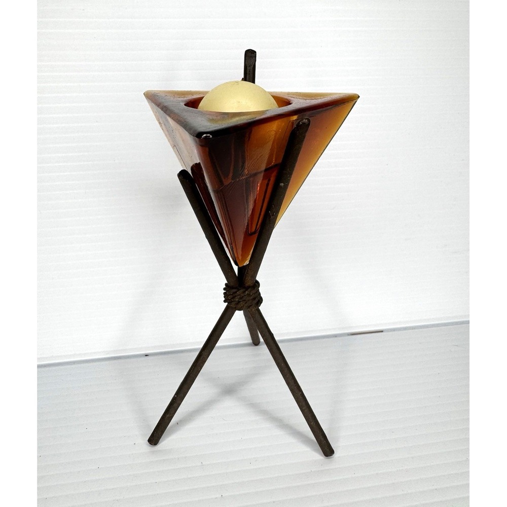 Zodax Amber Glass Triangle Candle Holder Metal Tripod Stand 7" Tall